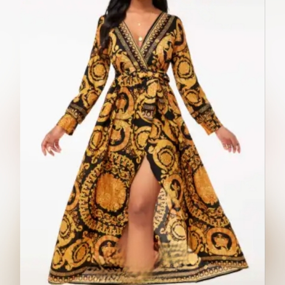 DEEP V-neck Long Beach Bohemian Print Kimono with Belt - Picture 1 of 8